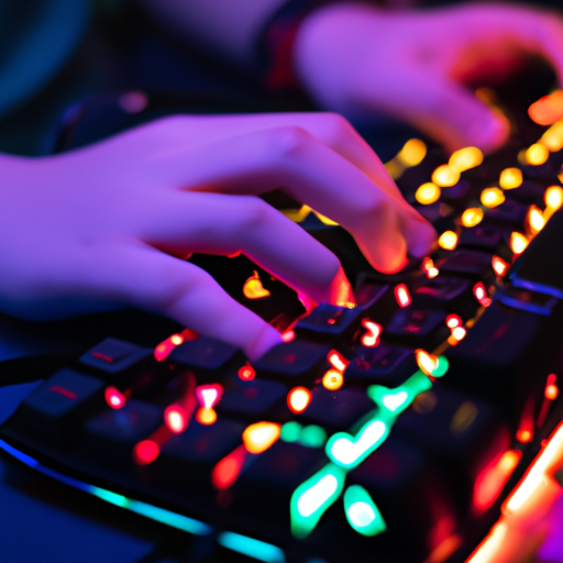 A close-up of a happy gamer’s hands on a keyboard glowing with rgb lights hinting at enjoyment