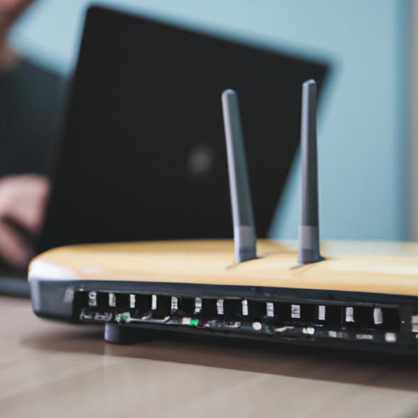 A close-up of hands typing on a laptop with a router in the background