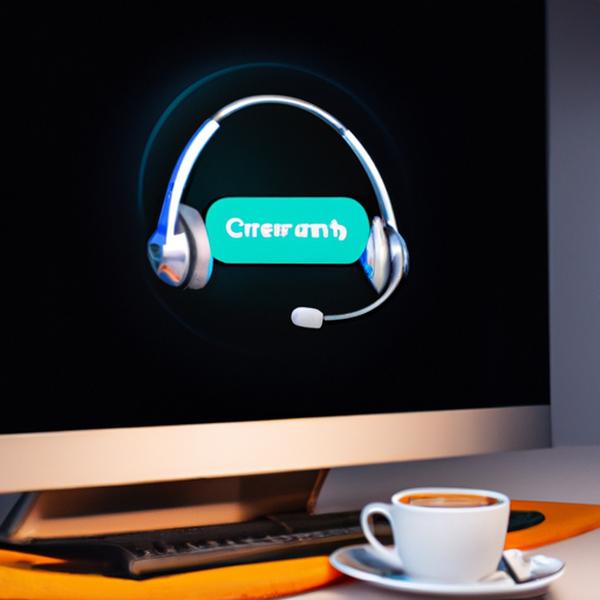 A pair of headphones and a coffee cup next to a computer screen with a customer service chat open